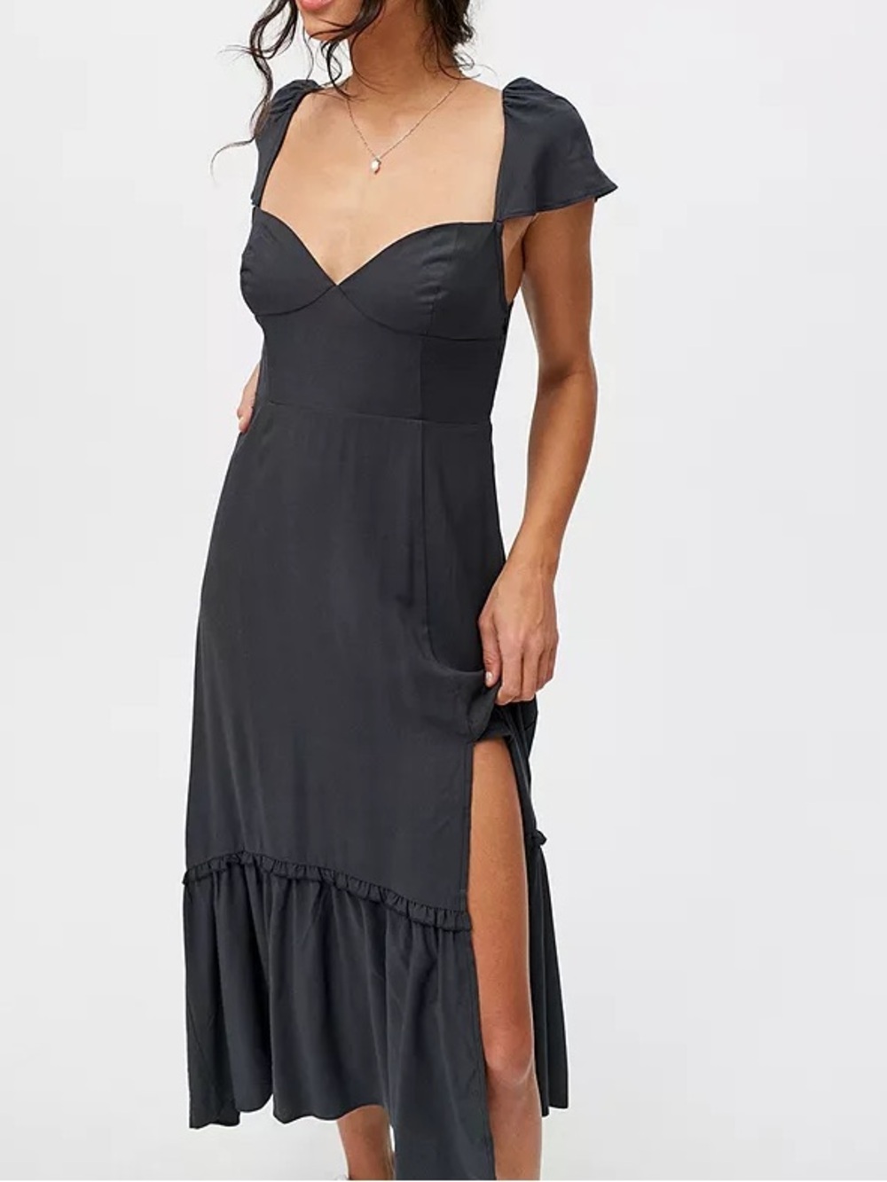 Urban Outfitters charcoal Sweetheart Midi Dress with Cap Sleeves ‘Siren’ - S